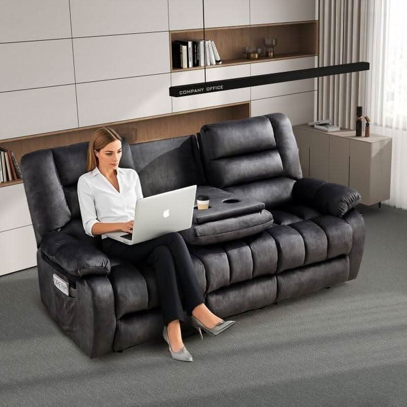Grey Manual Recliner Sofa Set With Cup Holders For Living Room