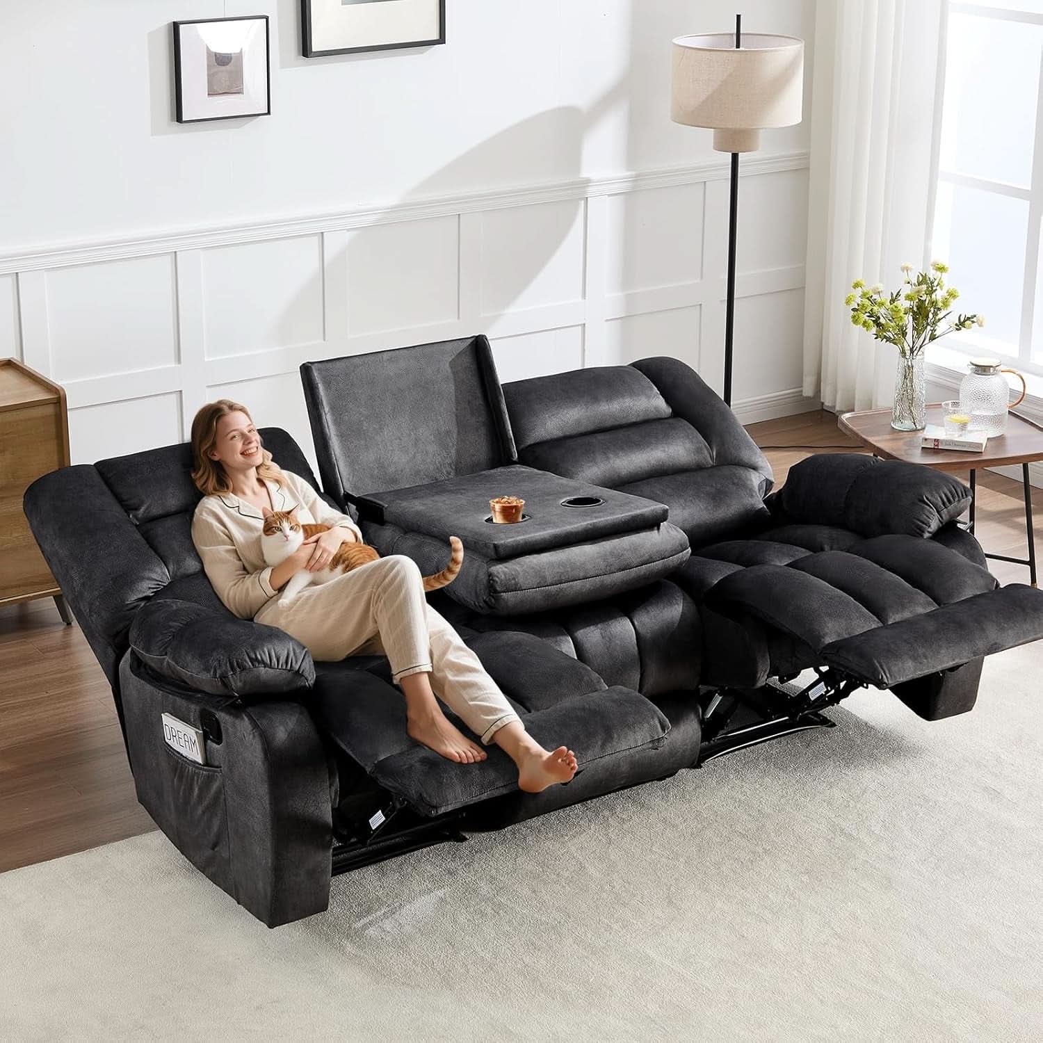 Grey Manual Recliner Sofa Set With Cup Holders For Living Room