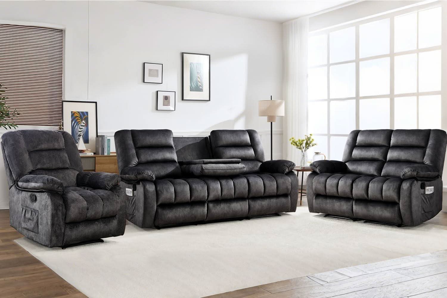 Grey Manual Recliner Sofa Set With Cup Holders For Living Room