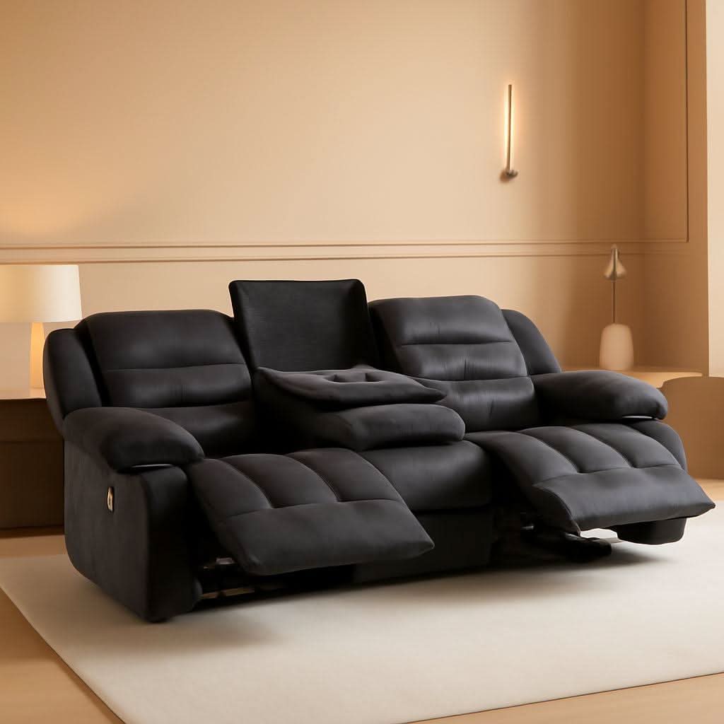 Grey Manual Recliner Sofa Set With Cup Holders For Living Room