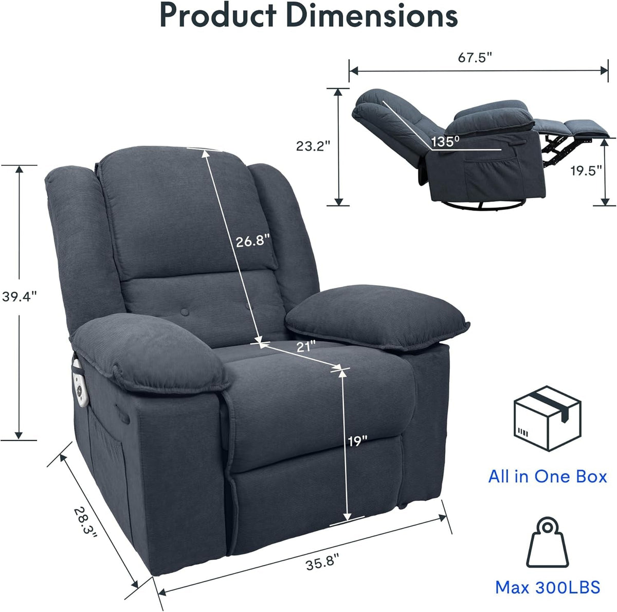 Grey Massage Rocker Recliner With Heat 270 Degree Swivel