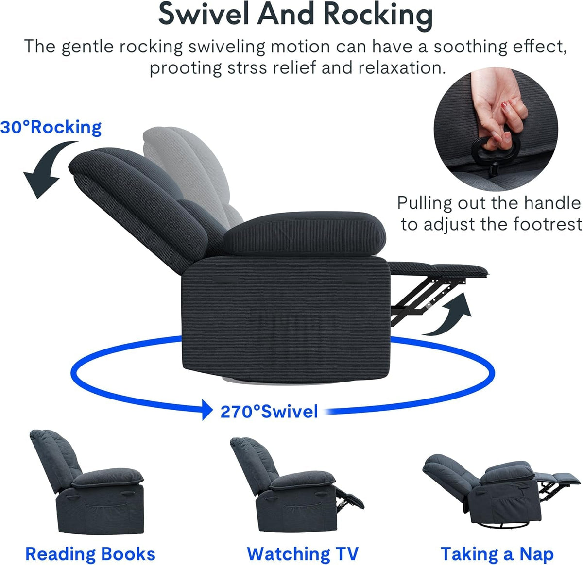 Grey Massage Rocker Recliner With Heat 270 Degree Swivel