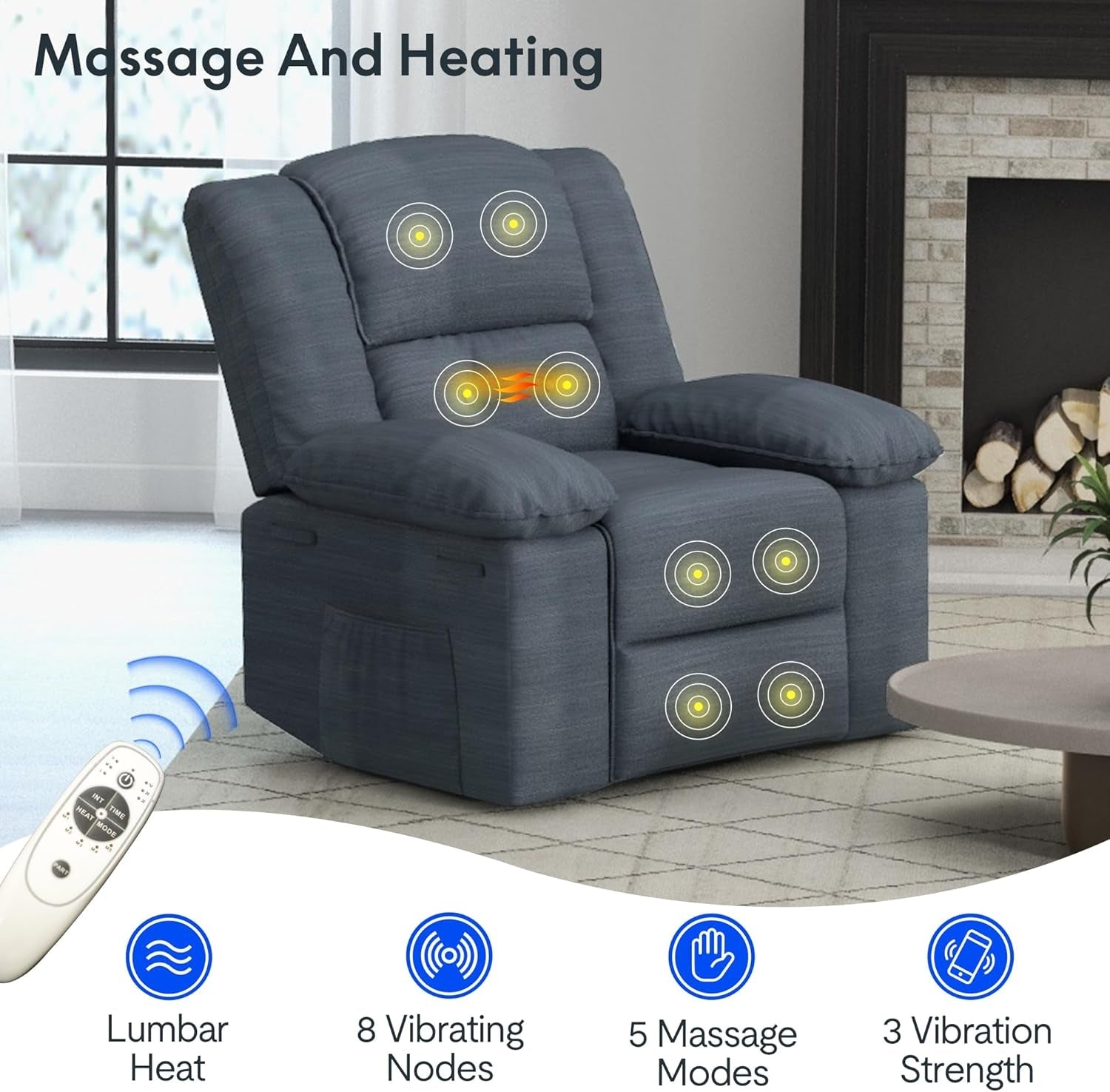 Grey Massage Rocker Recliner With Heat 270 Degree Swivel