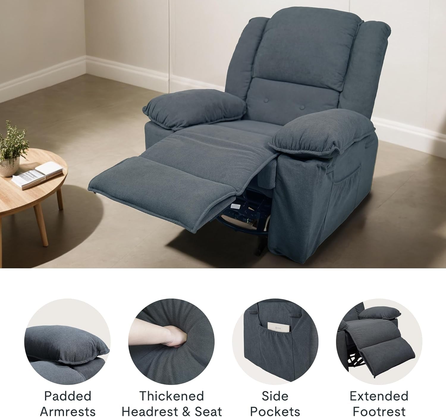 Grey Massage Rocker Recliner With Heat 270 Degree Swivel