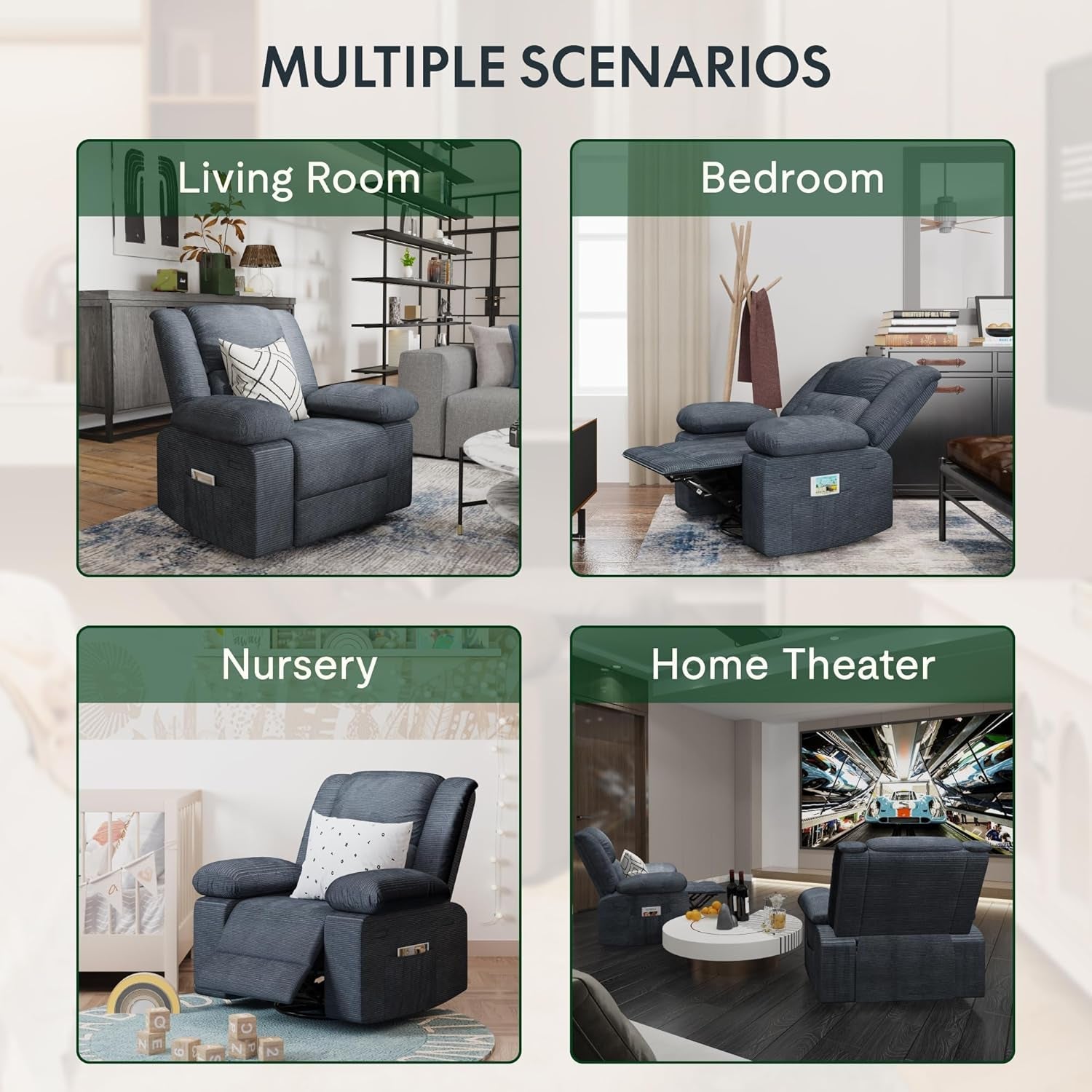 Grey Massage Rocker Recliner With Heat 270 Degree Swivel