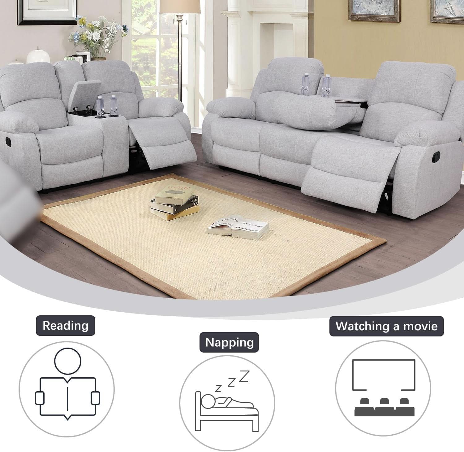 Grey Microfiber Reclining Sofa And Loveseat Set For Living Room