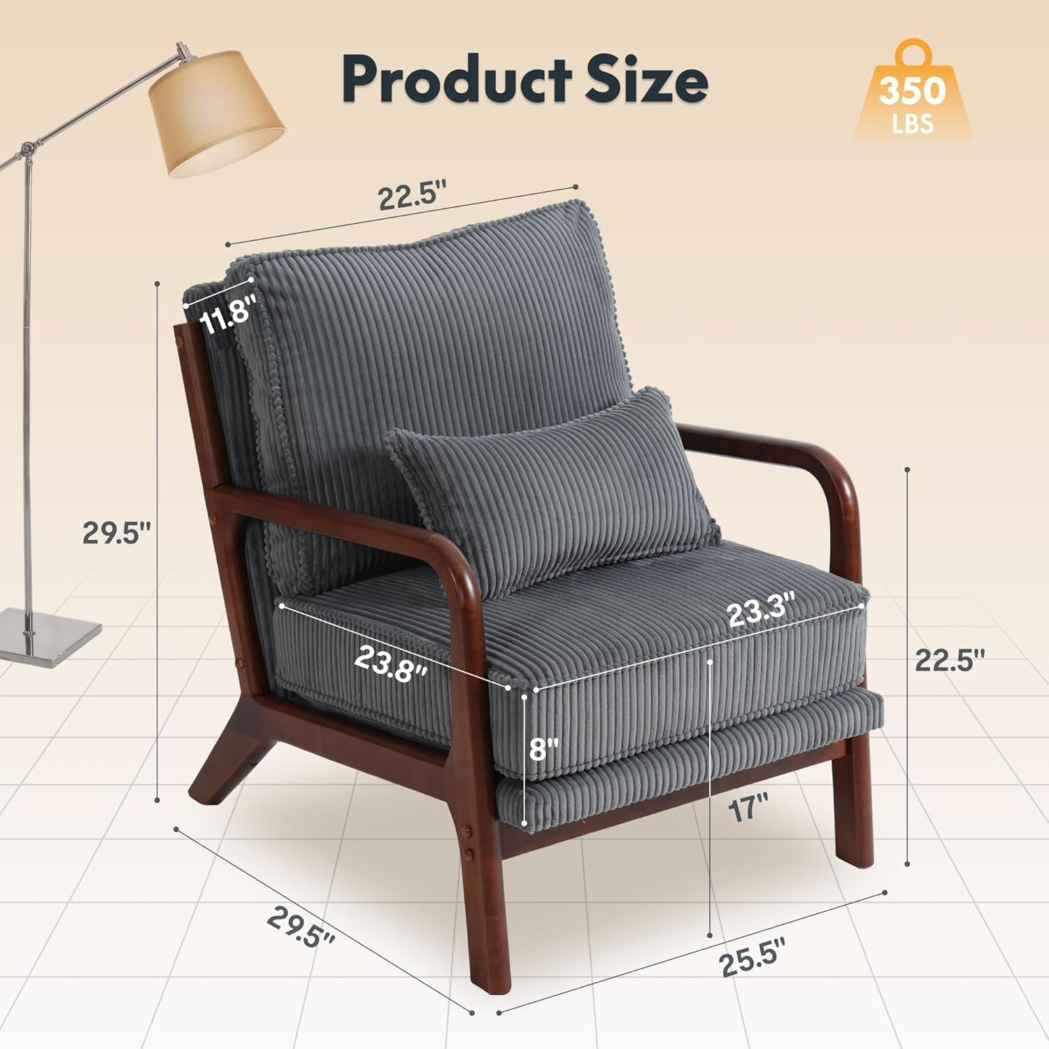 Grey Mid Century Accent Chair Wood Frame 8 Inch Cushion