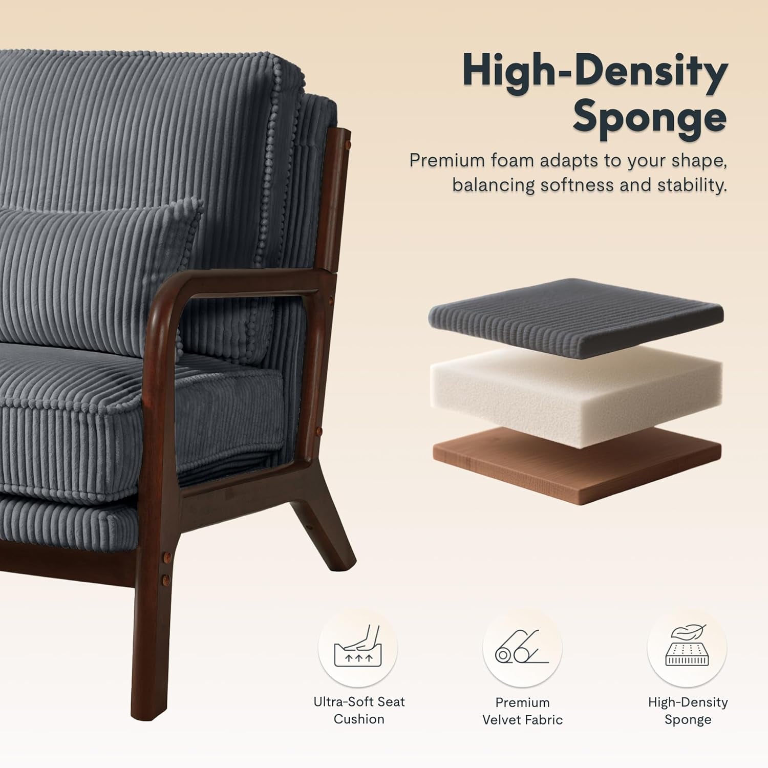 Grey Mid Century Accent Chair Wood Frame 8 Inch Cushion