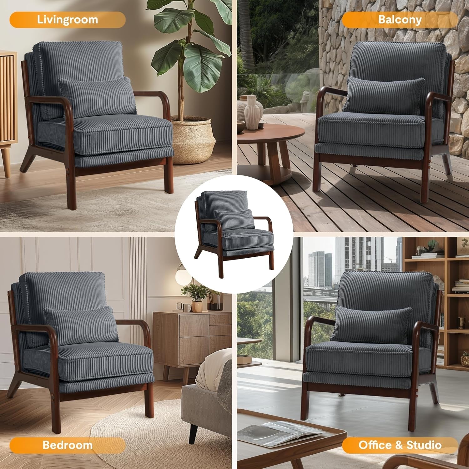 Grey Mid Century Accent Chair Wood Frame 8 Inch Cushion
