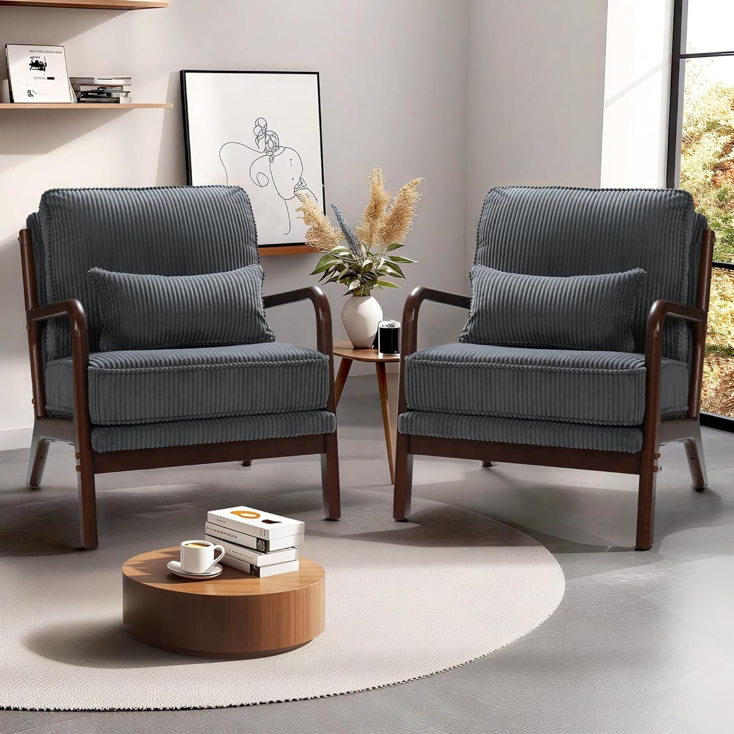 Grey Mid Century Accent Chair Wood Frame 8 Inch Cushion