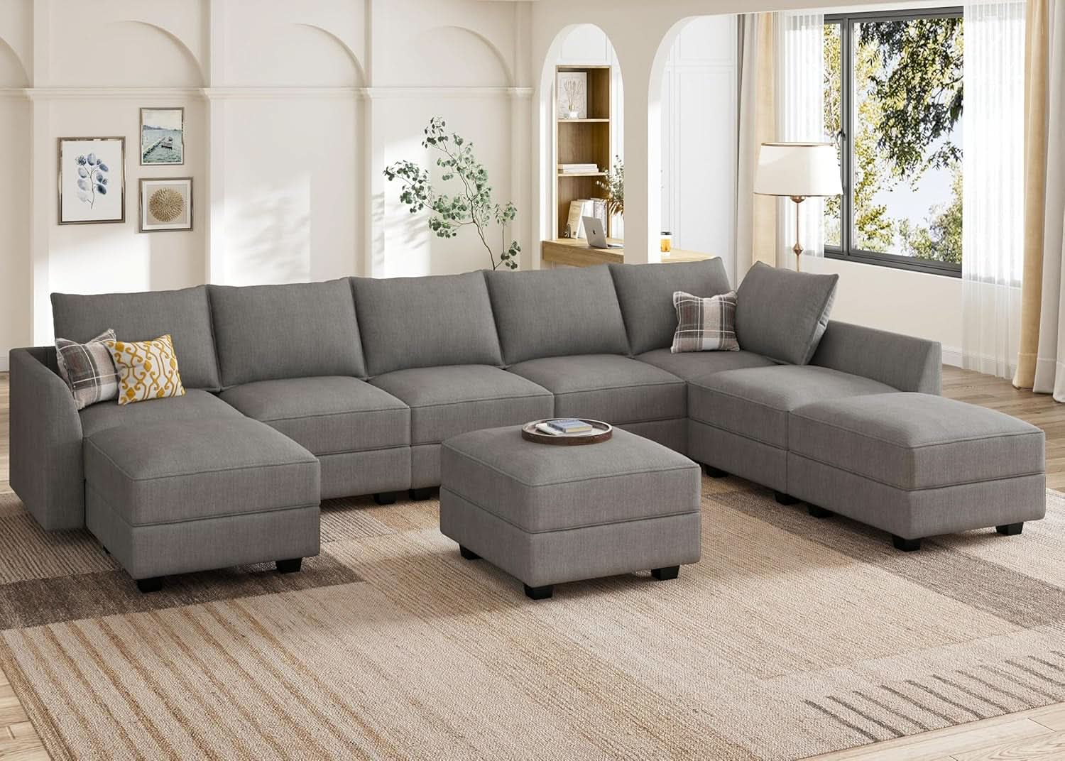 Grey Modular Sectional Sofa With Storage Seats And Ottomans
