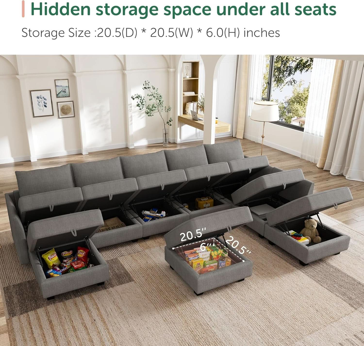 Grey Modular Sectional Sofa With Storage Seats And Ottomans