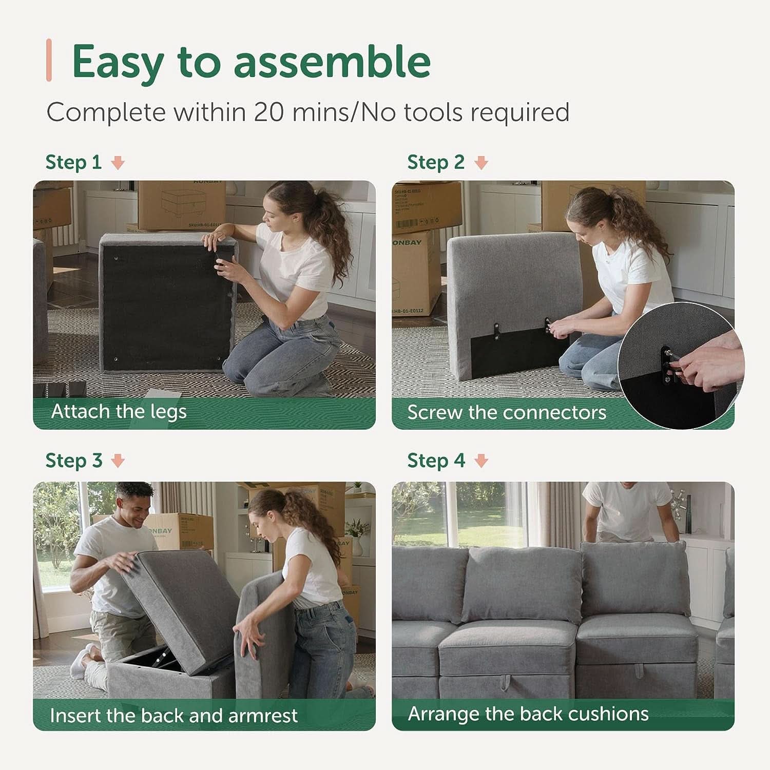 Grey Modular Sectional Sofa With Storage Seats And Ottomans