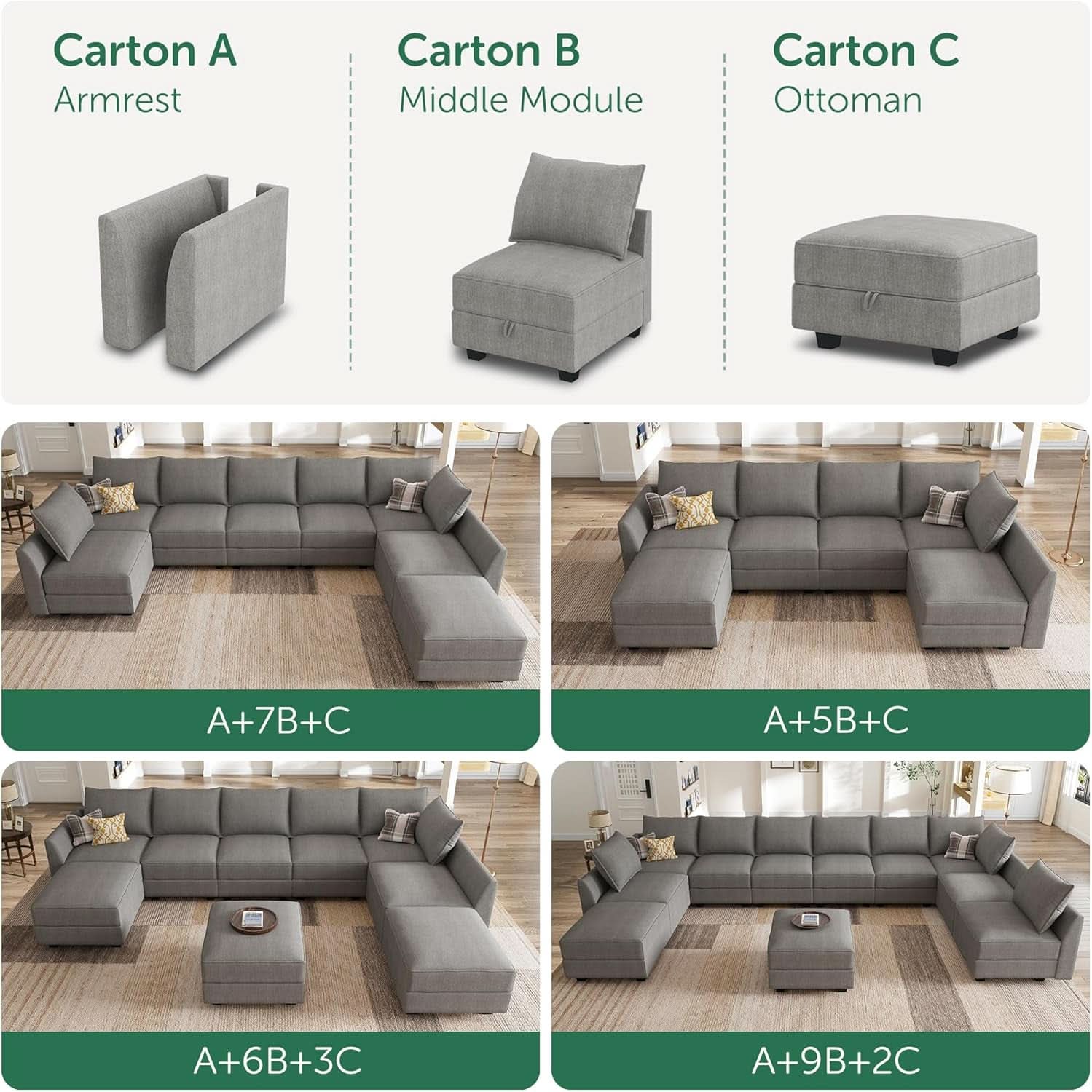 Grey Modular Sectional Sofa With Storage Seats And Ottomans