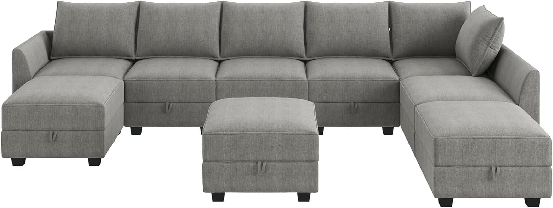 Grey Modular Sectional Sofa With Storage Seats And Ottomans