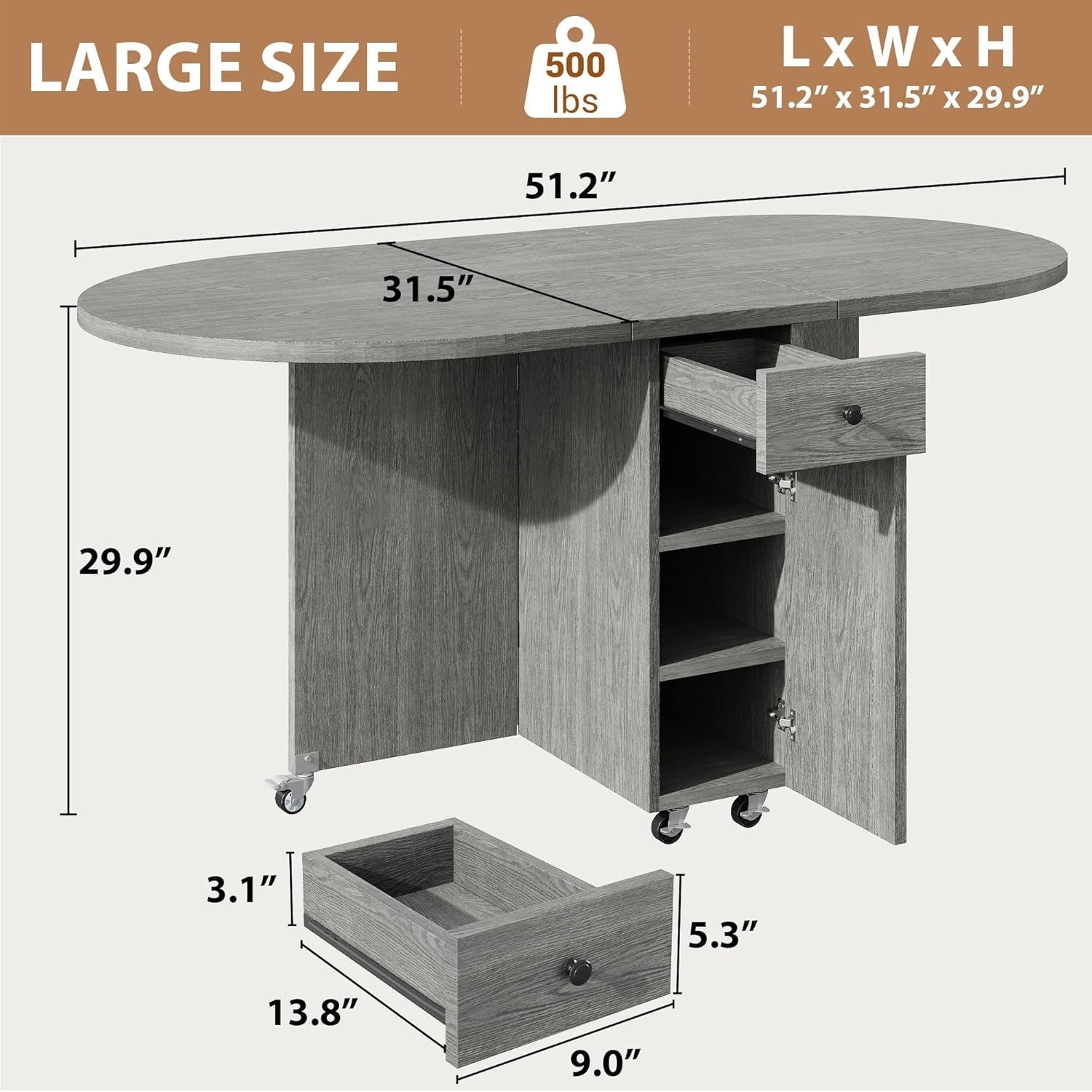 Grey Multipurpose Collapsible Dining Table For Four With Storage Drawer