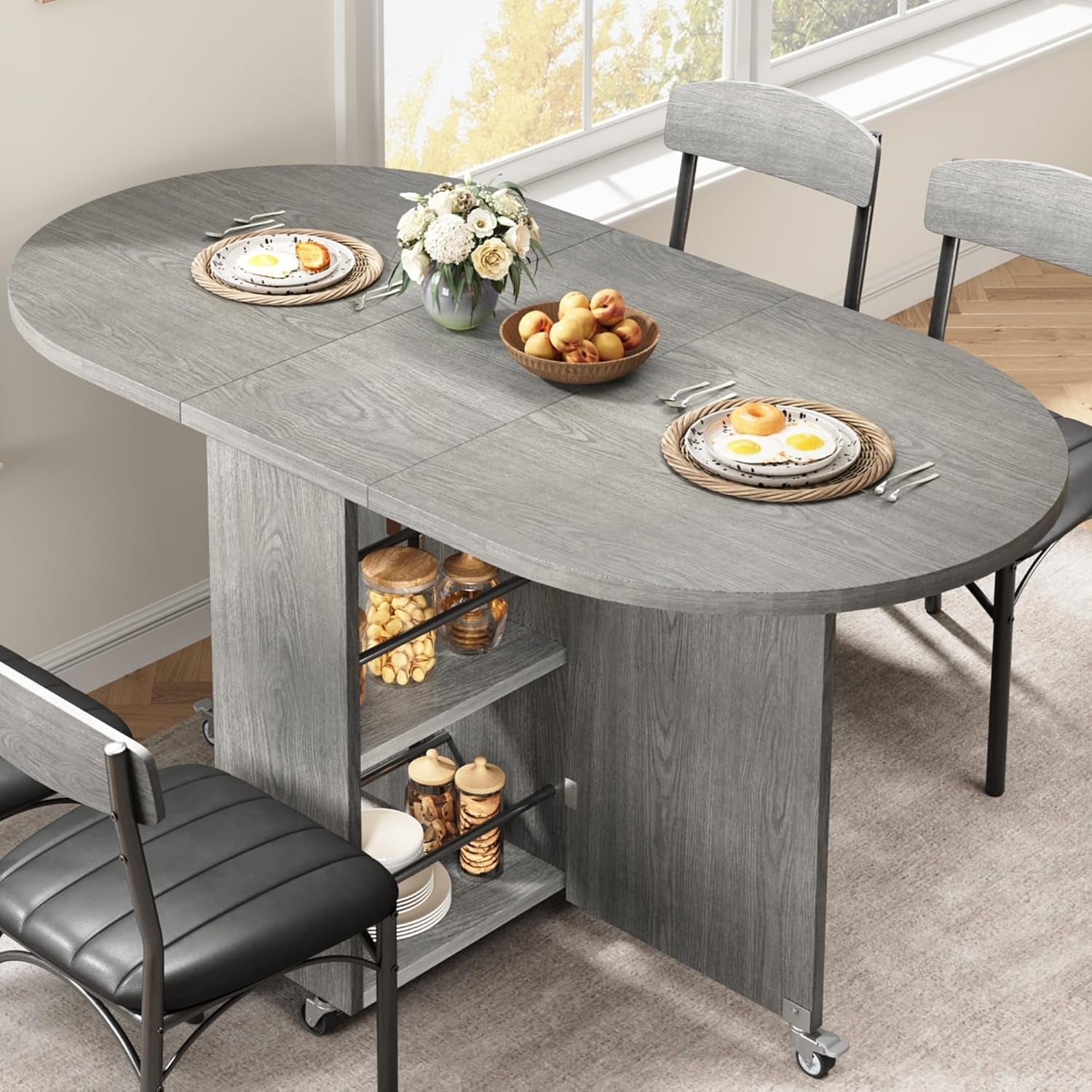 Grey Multipurpose Collapsible Dining Table For Four With Storage Drawer