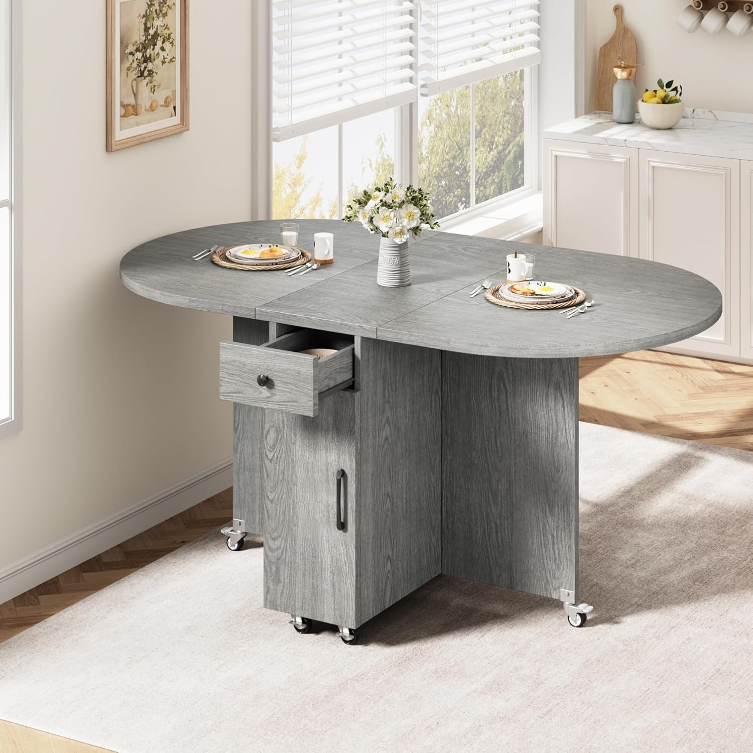 Grey Multipurpose Collapsible Dining Table For Four With Storage Drawer