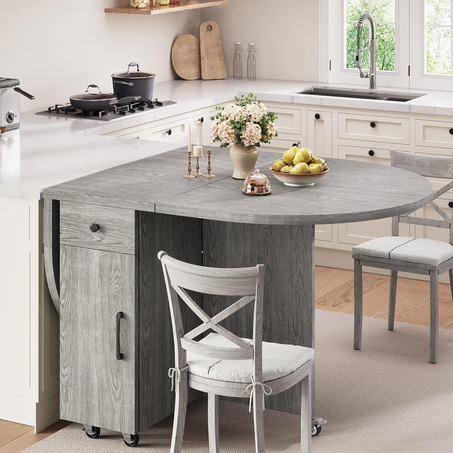 Grey Multipurpose Collapsible Dining Table For Four With Storage Drawer
