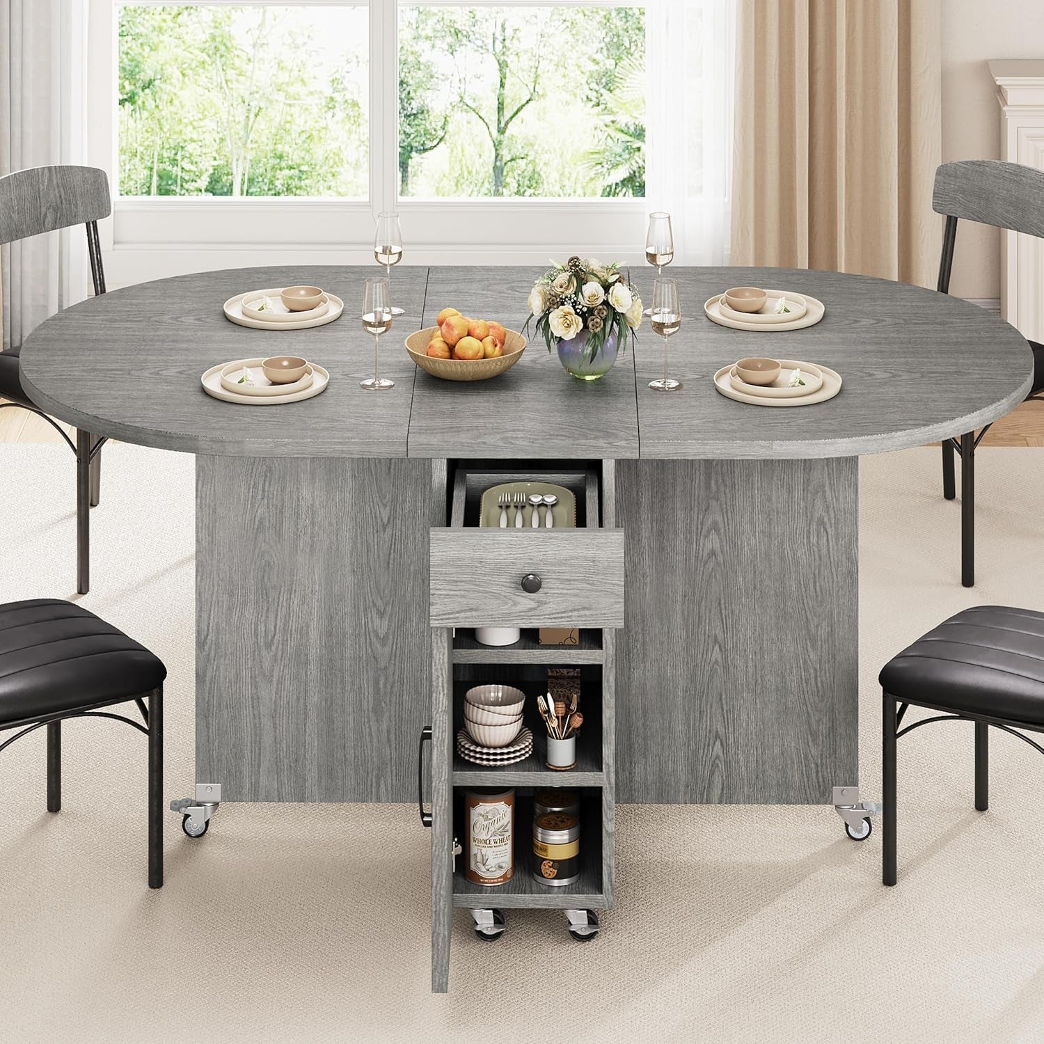 Grey Multipurpose Collapsible Dining Table For Four With Storage Drawer