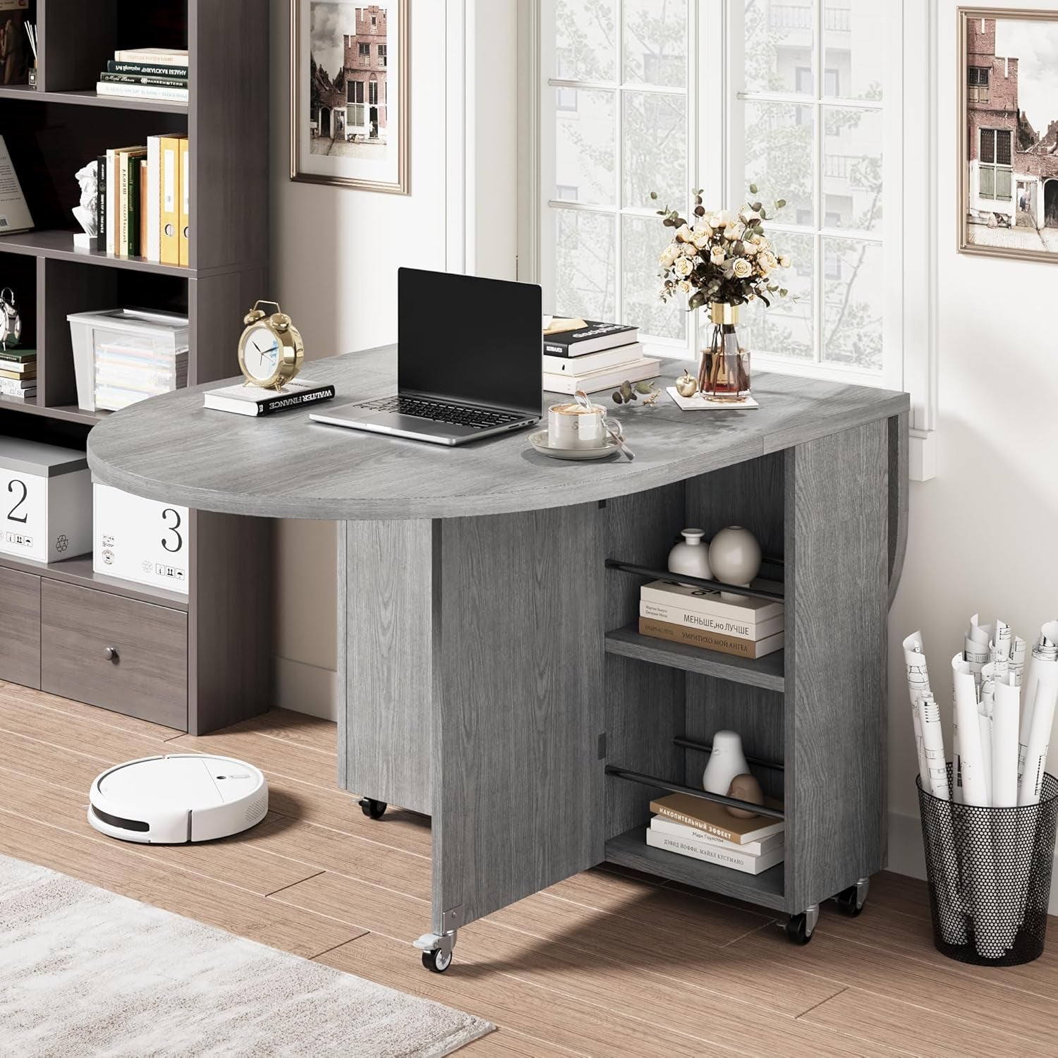 Grey Multipurpose Collapsible Dining Table For Four With Storage Drawer