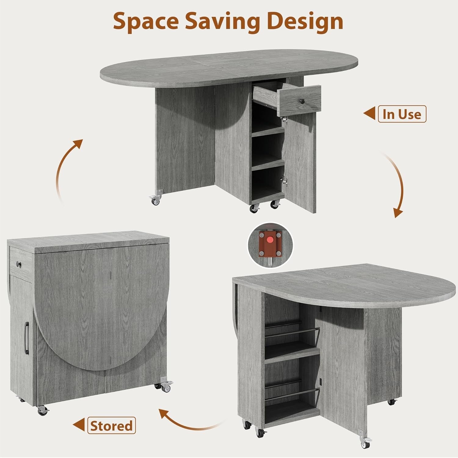 Grey Multipurpose Collapsible Dining Table For Four With Storage Drawer