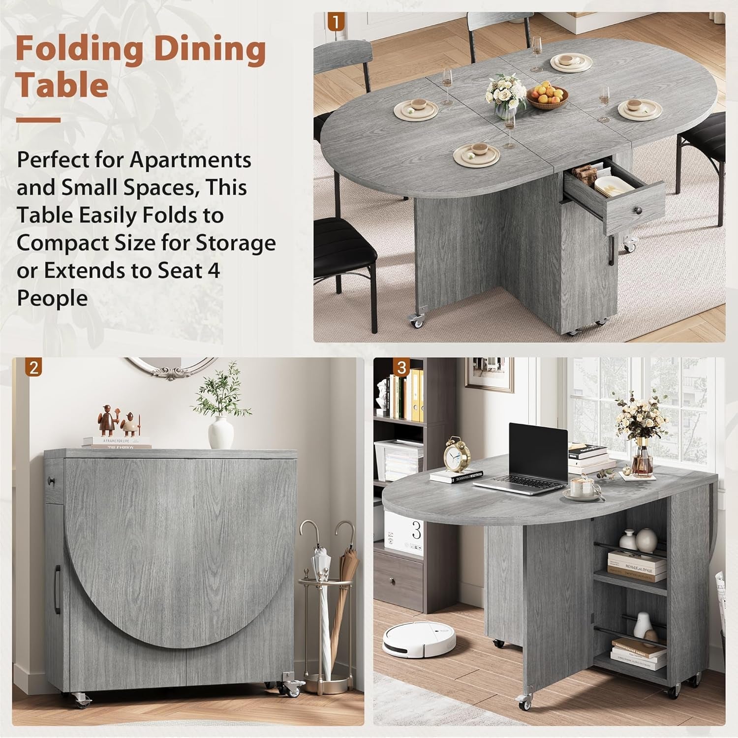 Grey Multipurpose Collapsible Dining Table For Four With Storage Drawer