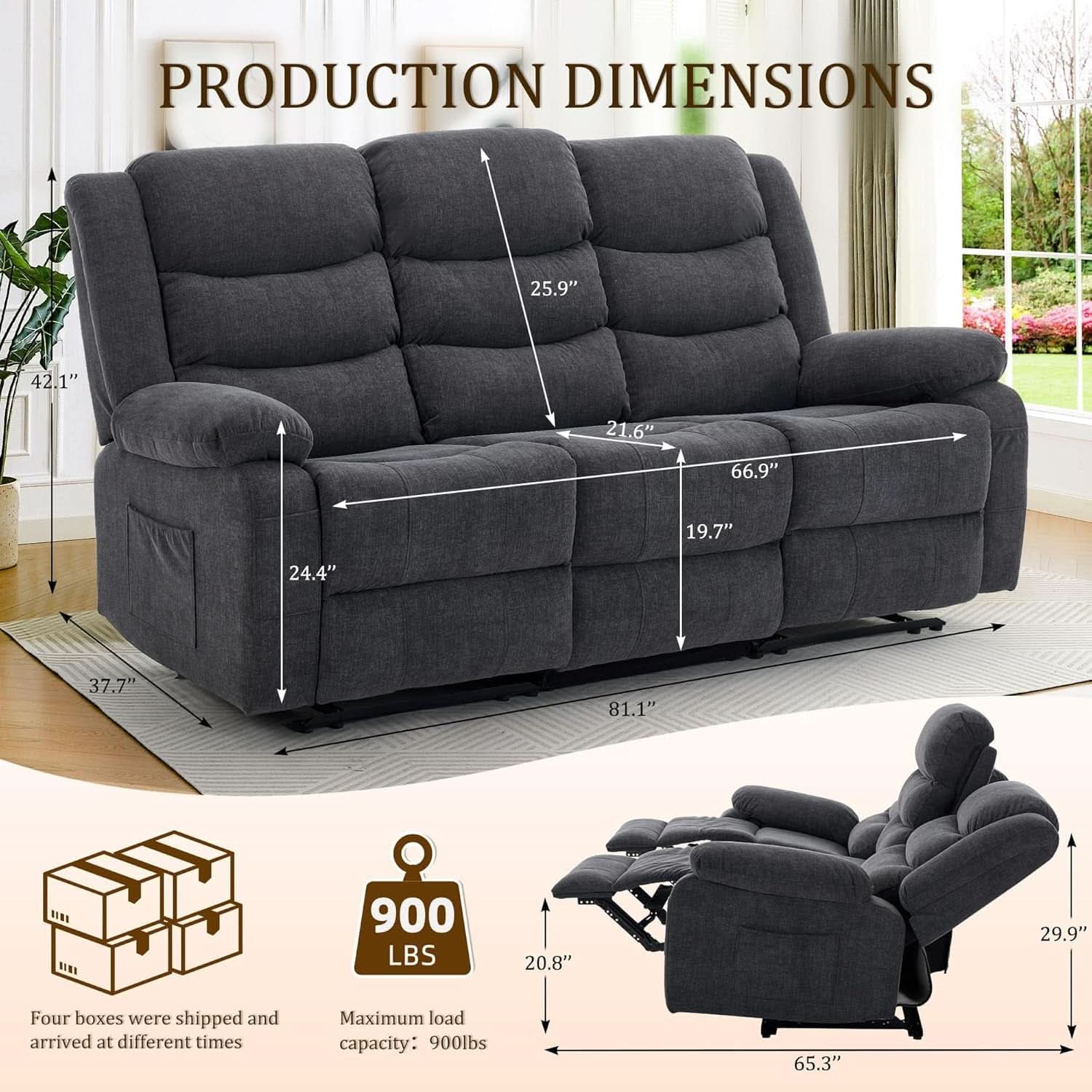 Grey Oversized 3 Seater Reclining Sofa With Console