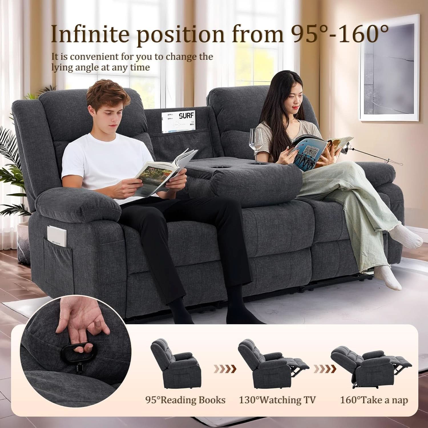 Grey Oversized 3 Seater Reclining Sofa With Console