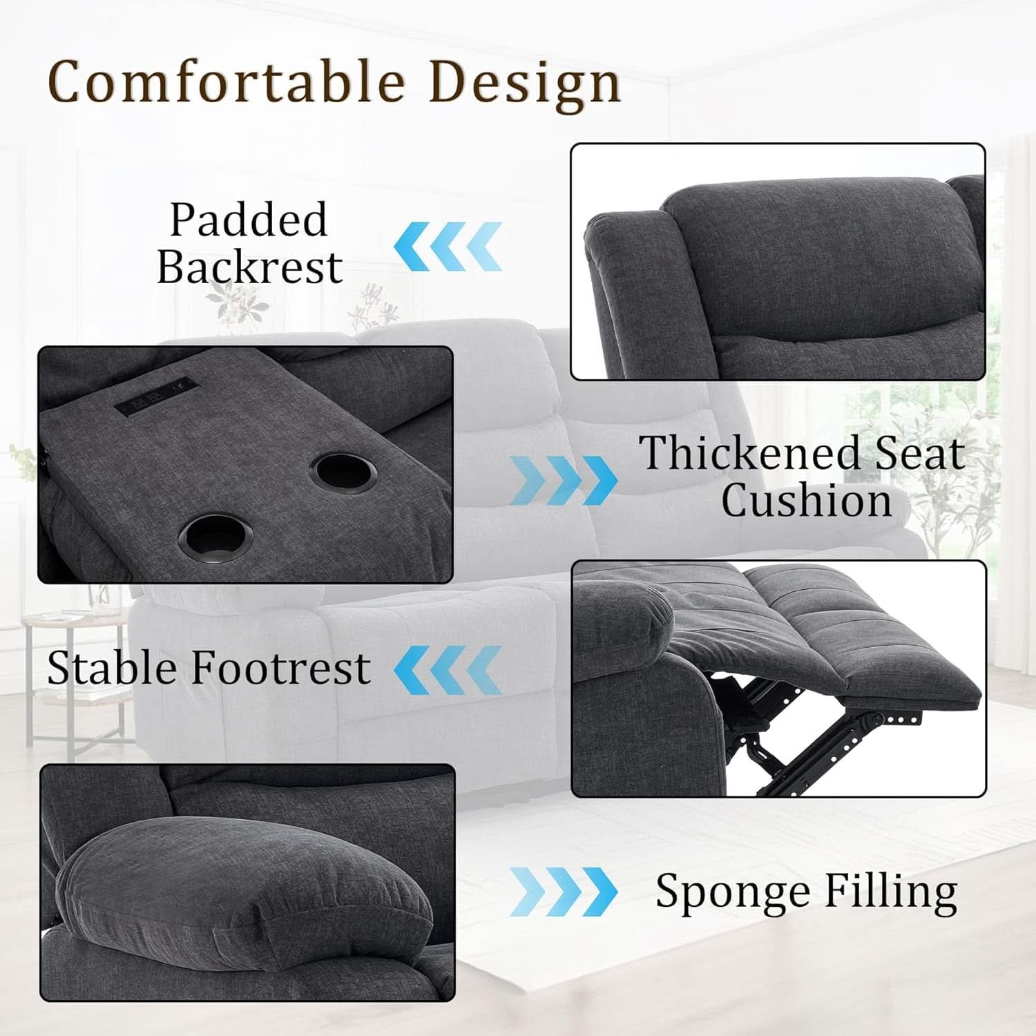 Grey Oversized 3 Seater Reclining Sofa With Console