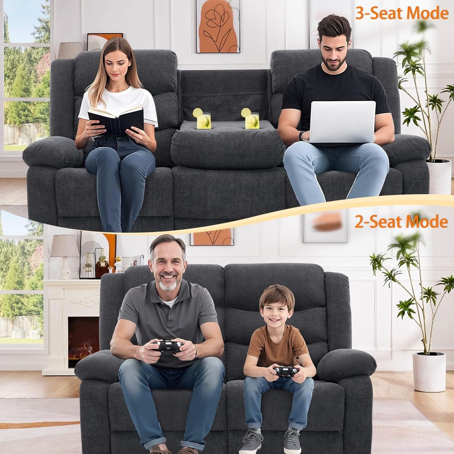 Grey Oversized 3 Seater Reclining Sofa With Console