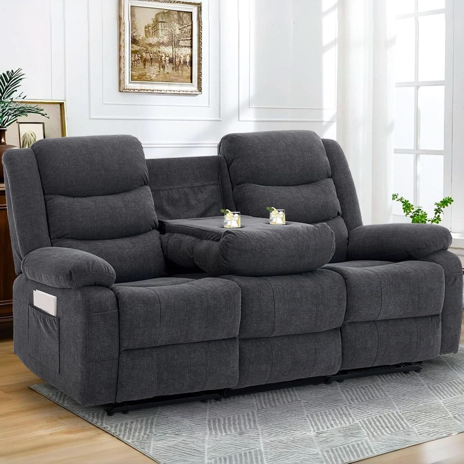 Grey Oversized 3 Seater Reclining Sofa With Console