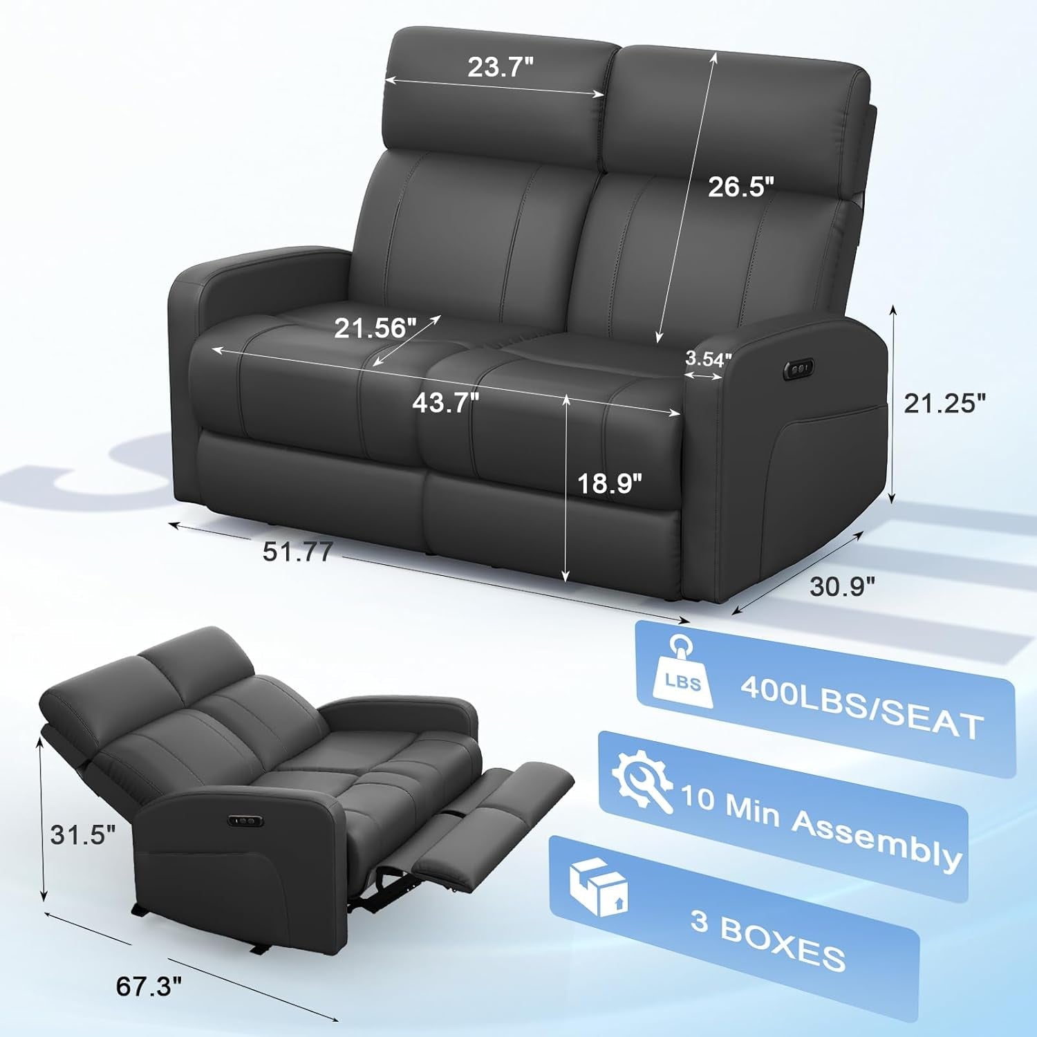 Grey PU Leather Electric Reclining Loveseat For Living Room