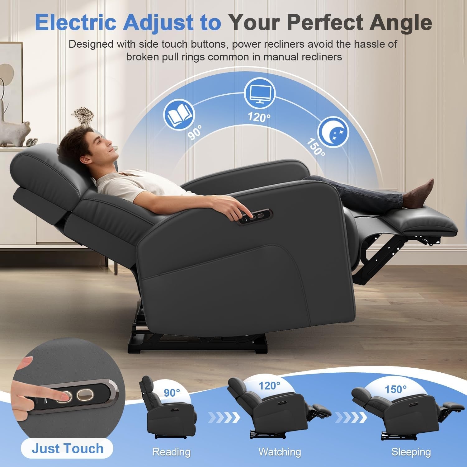 Grey PU Leather Electric Reclining Loveseat For Living Room