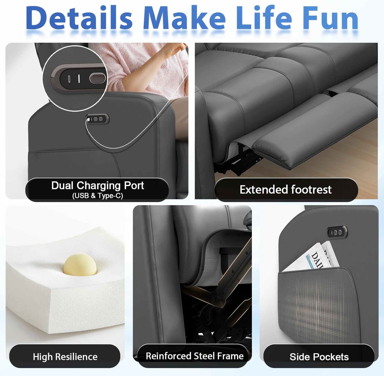 Grey PU Leather Electric Reclining Loveseat For Living Room