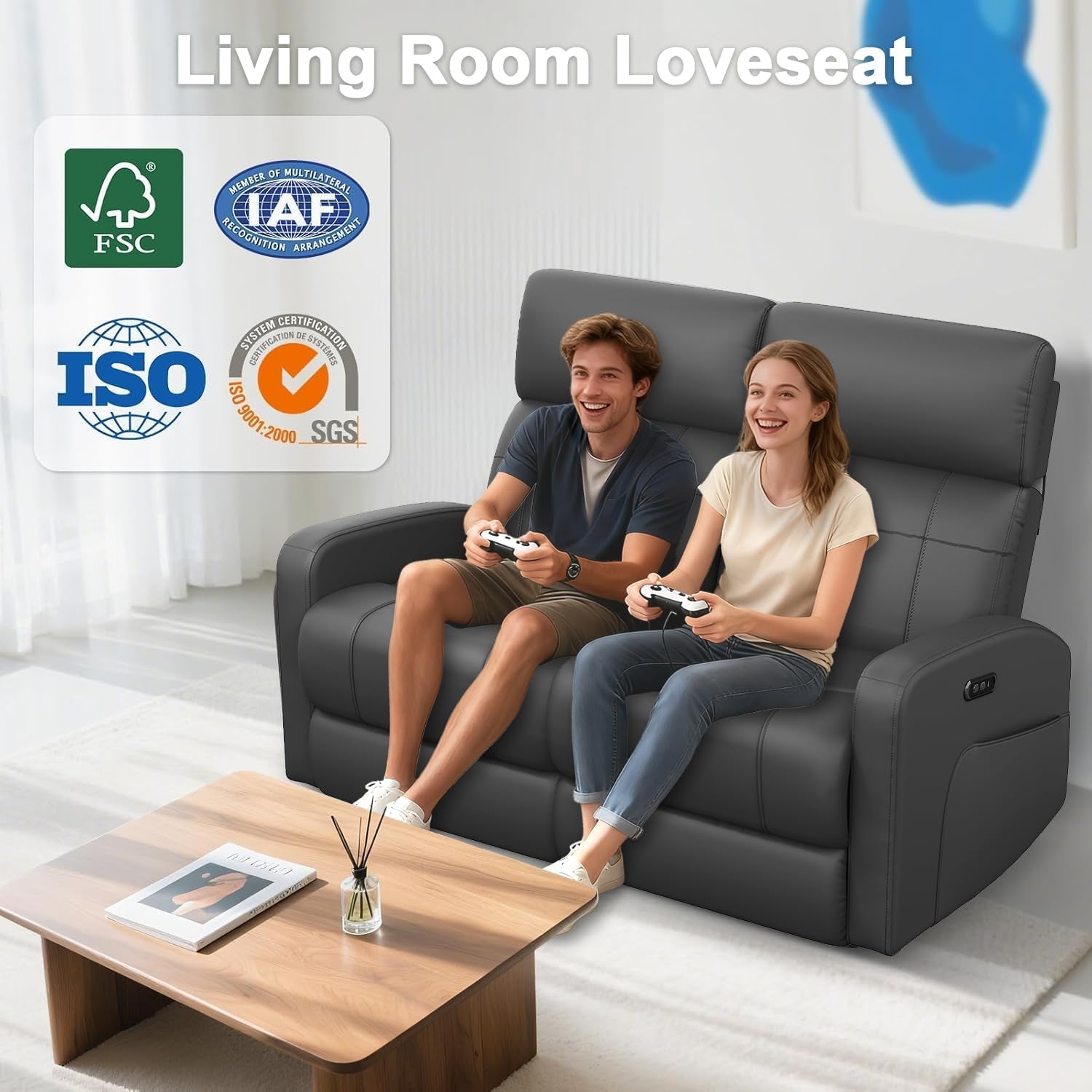 Grey PU Leather Electric Reclining Loveseat For Living Room