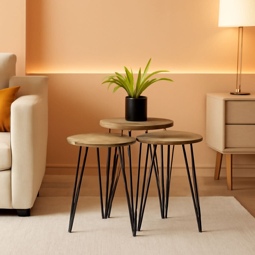 Grey Pine Wood Round Nesting End Tables Set Of 3 With Metal Frame