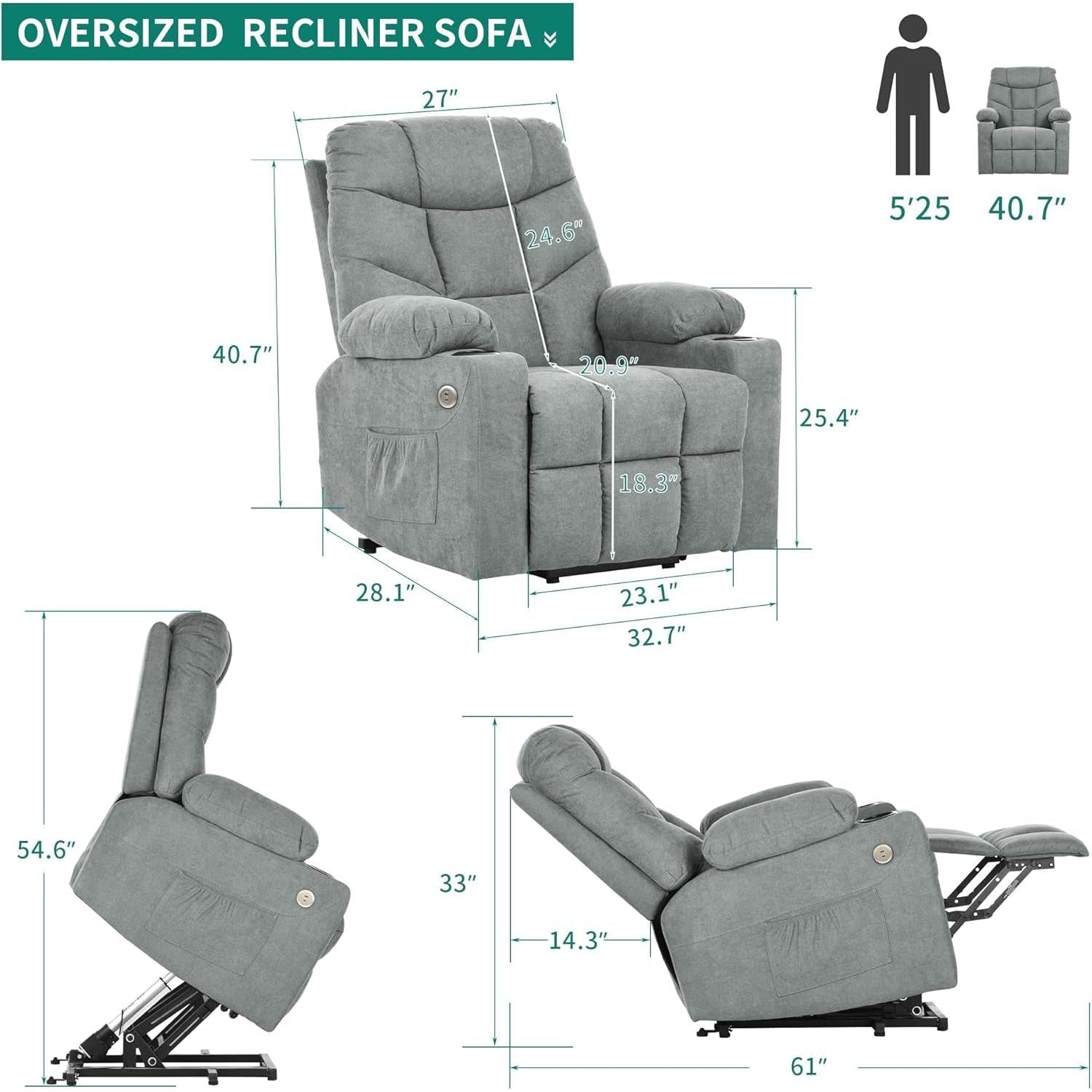 Grey Power Lift Recliner With Massage And Heat Built In