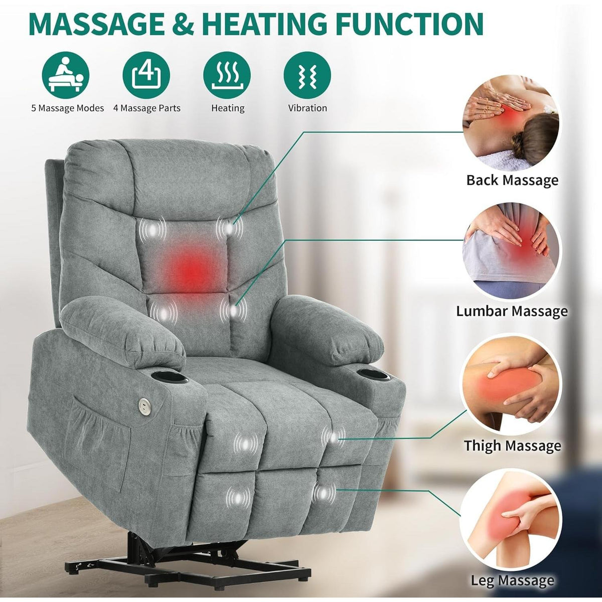 Grey Power Lift Recliner With Massage And Heat Built In