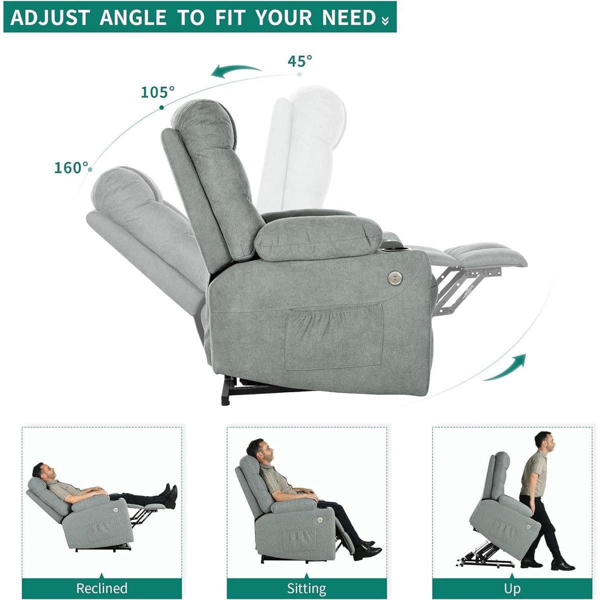 Grey Power Lift Recliner With Massage And Heat Built In