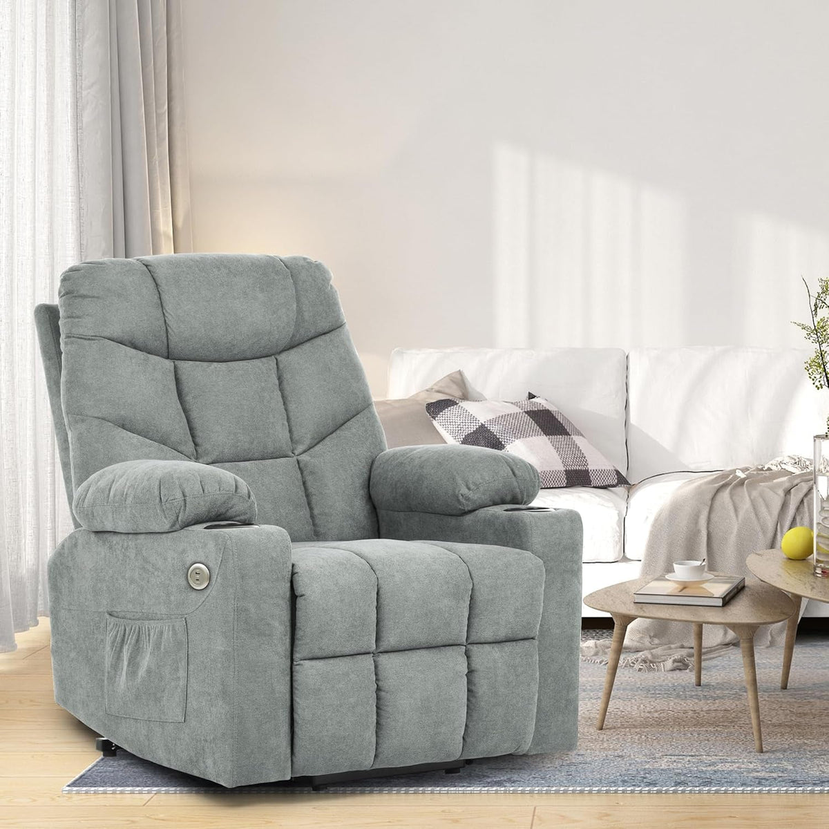 Grey Power Lift Recliner With Massage And Heat Built In