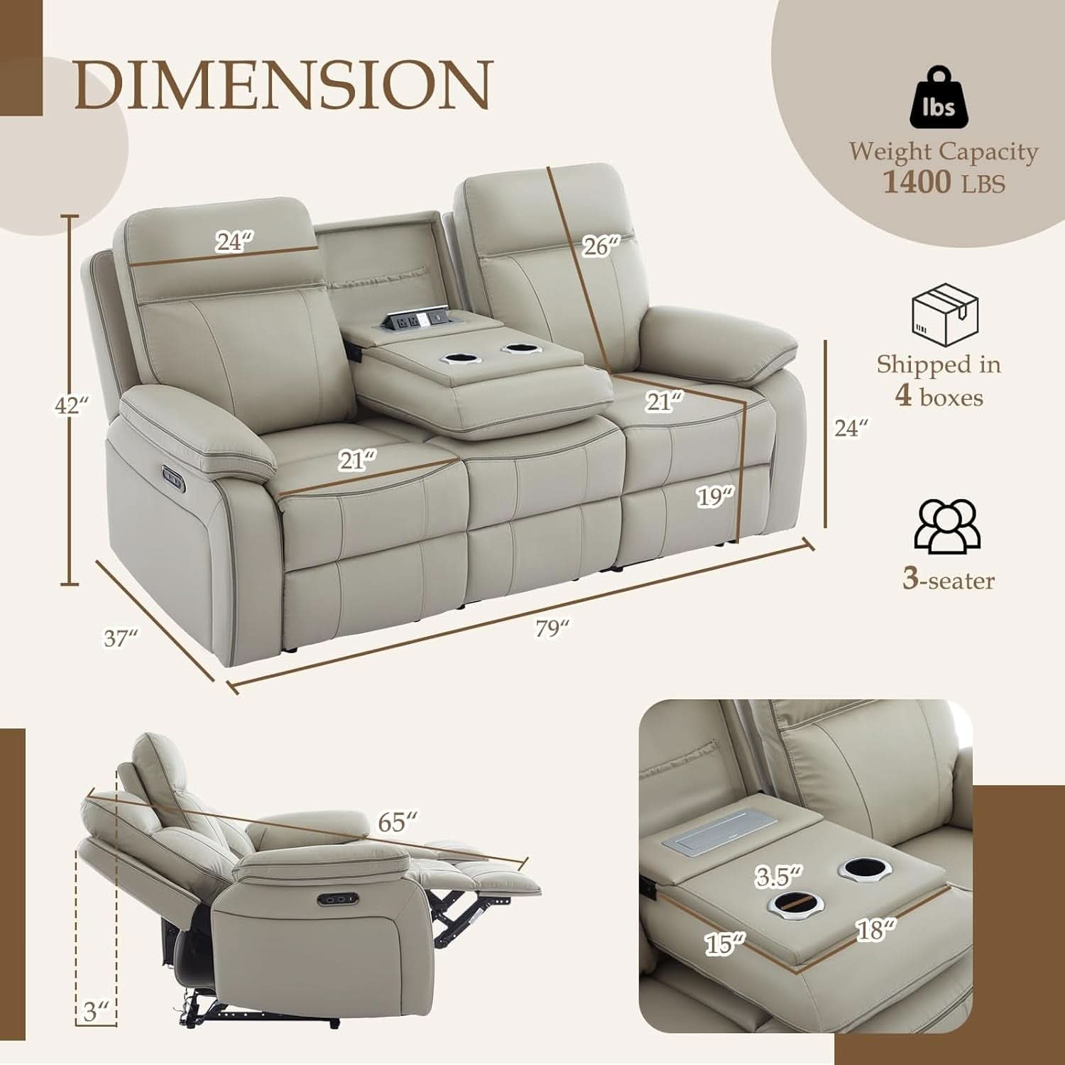 Grey Power Reclining Sofa With Fold Down Table Usb Type C