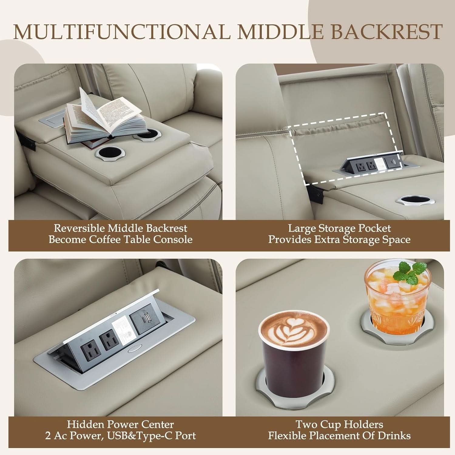 Grey Power Reclining Sofa With Fold Down Table Usb Type C