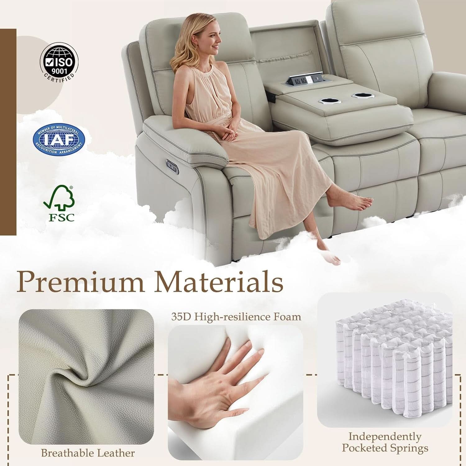 Grey Power Reclining Sofa With Fold Down Table Usb Type C