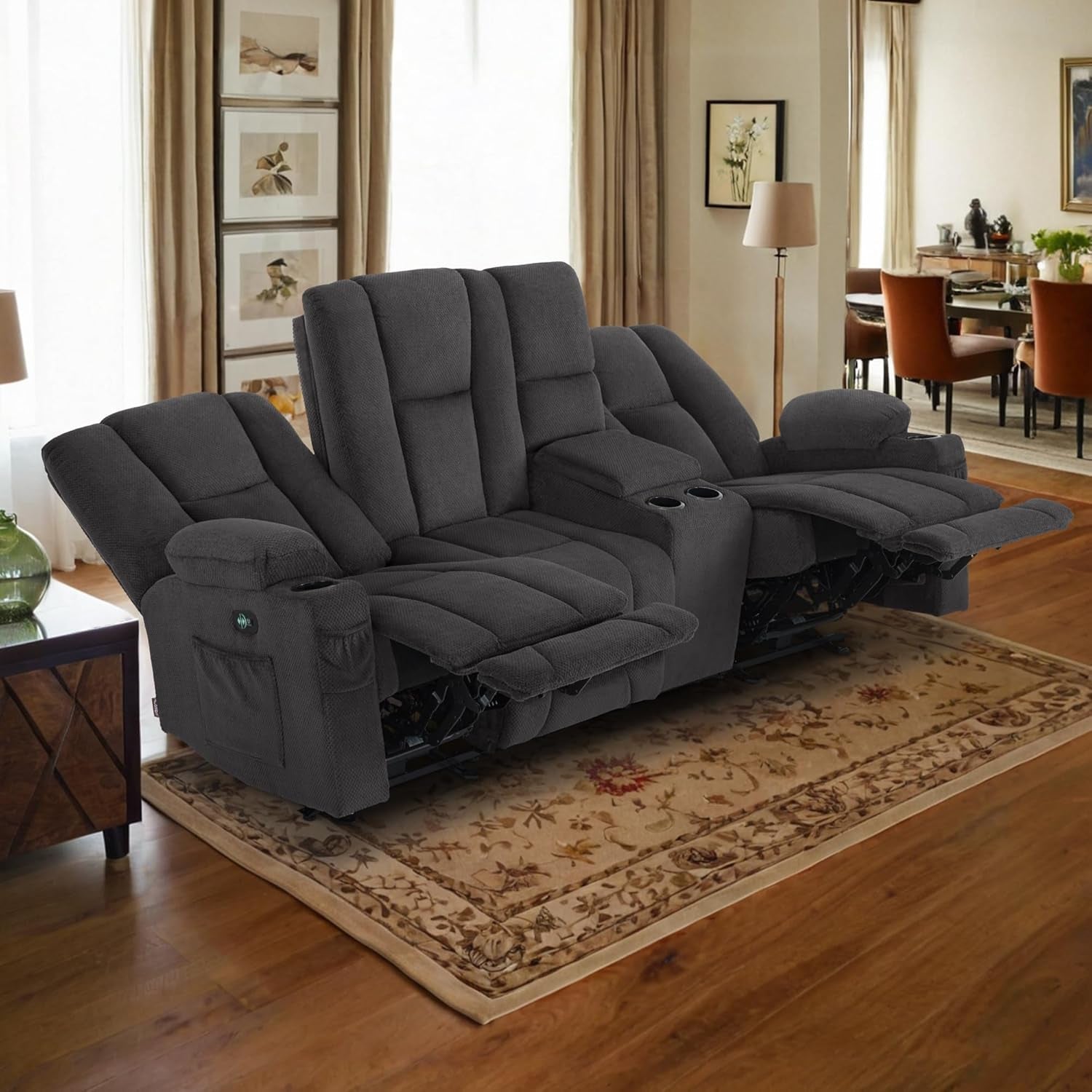 Grey Power Reclining Sofa With Heat And Vibration USB Ports