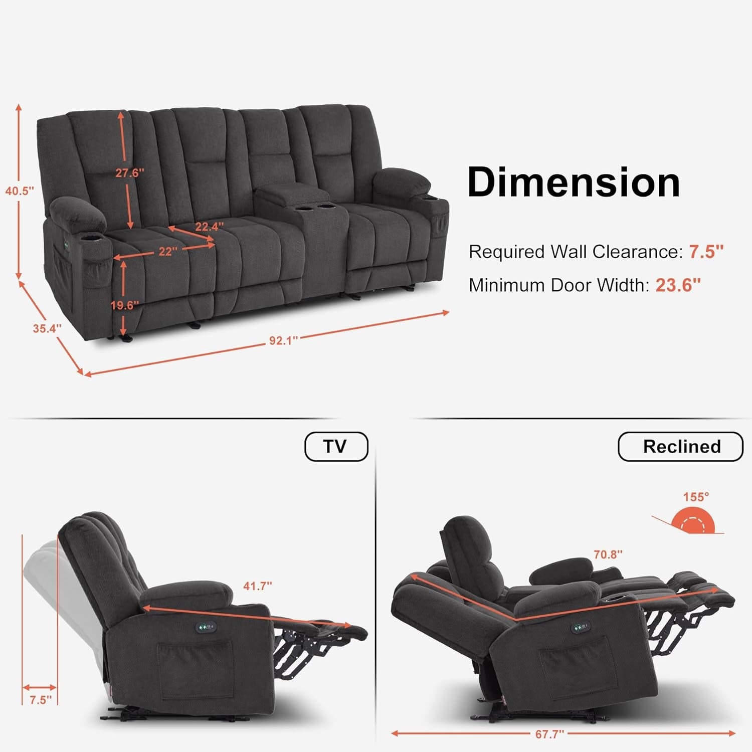 Grey Power Reclining Sofa With Heat And Vibration USB Ports