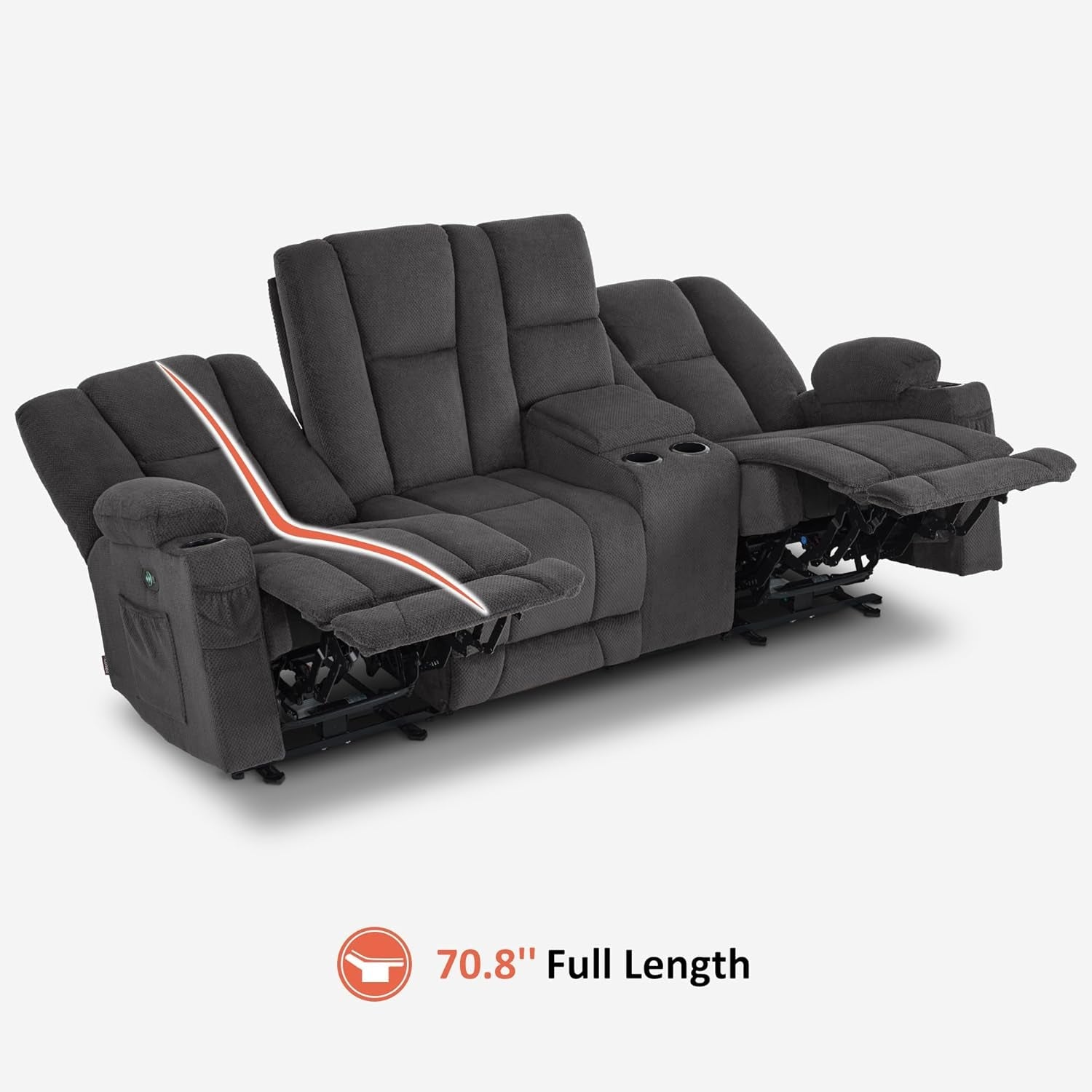 Grey Power Reclining Sofa With Heat And Vibration USB Ports