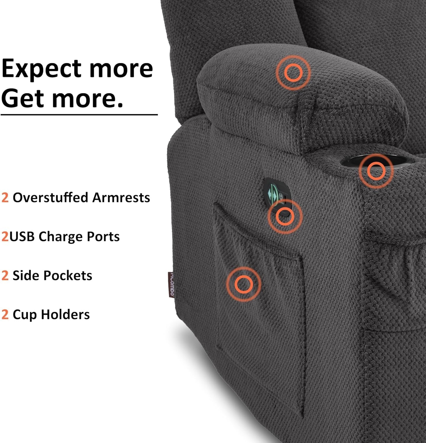 Grey Power Reclining Sofa With Heat And Vibration USB Ports