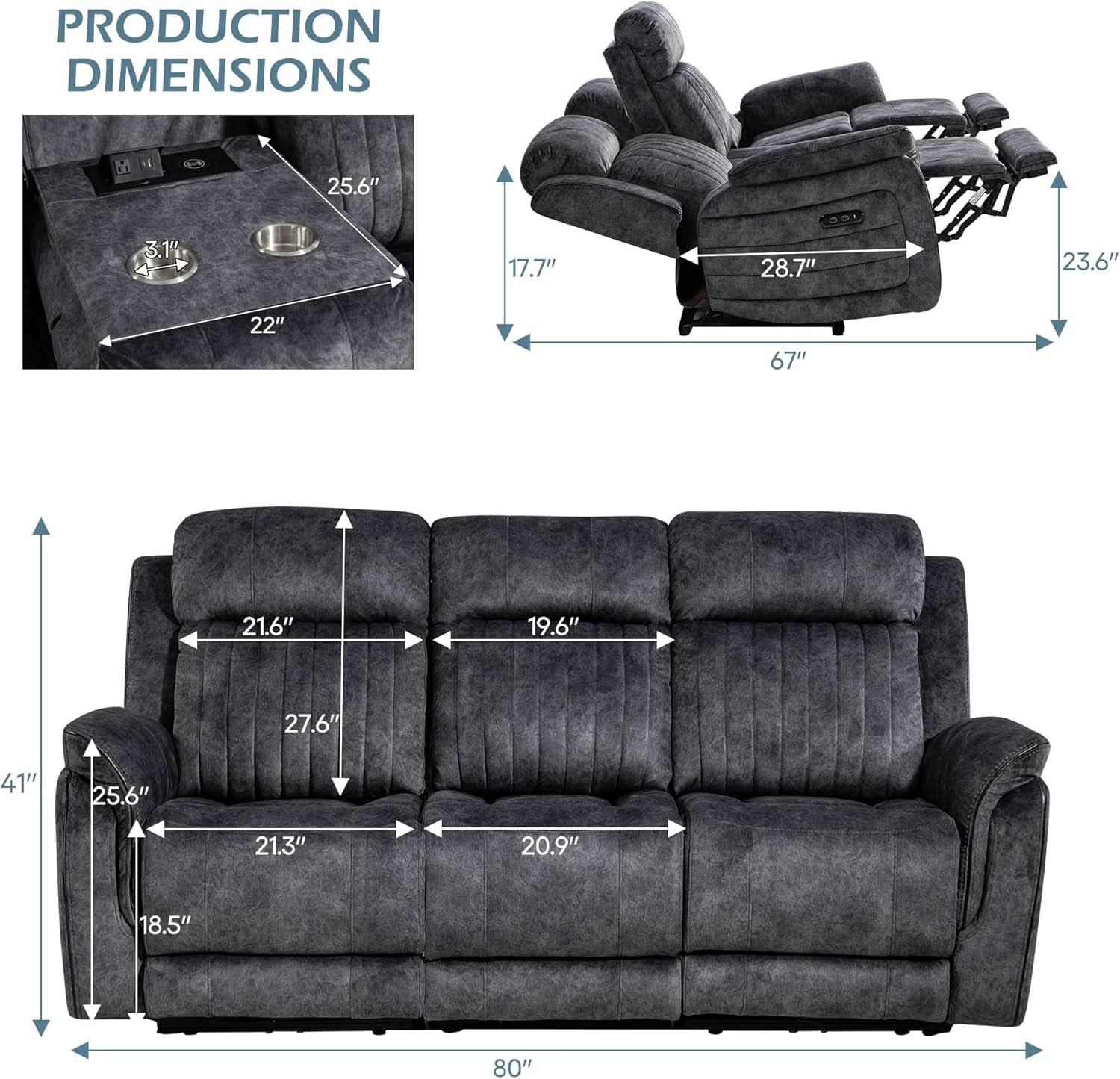 Grey Power Reclining Sofa With Zero Gravity USB Ports