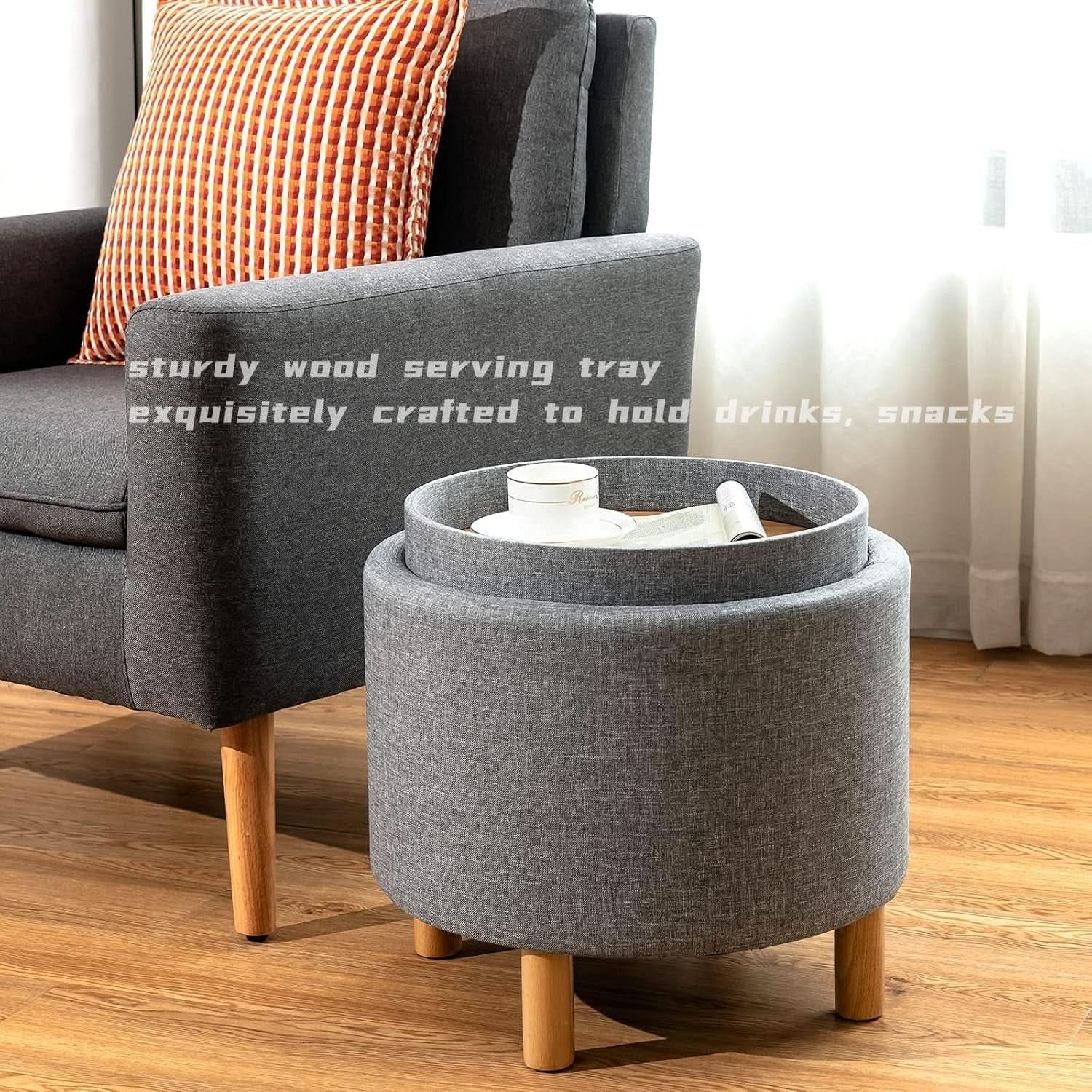 Grey Premium Microfiber Storage Ottoman Large Tray